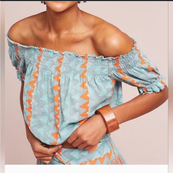 Anthropologie Feather Bone Demetria Smocked Cropped Top Blue Orange Stripe S - Picture 1 of 8